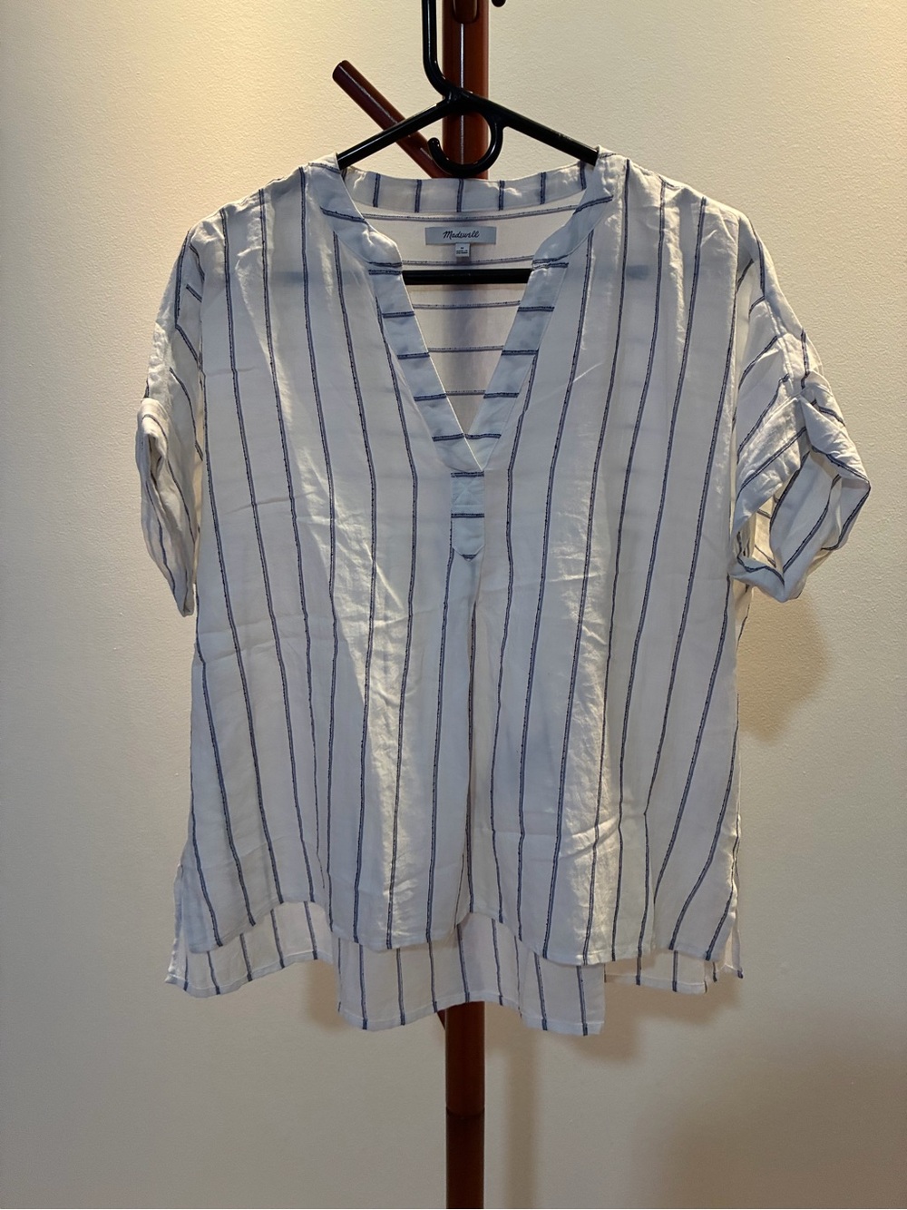 Madewell White V-Neck Tunic with Blue Stripes